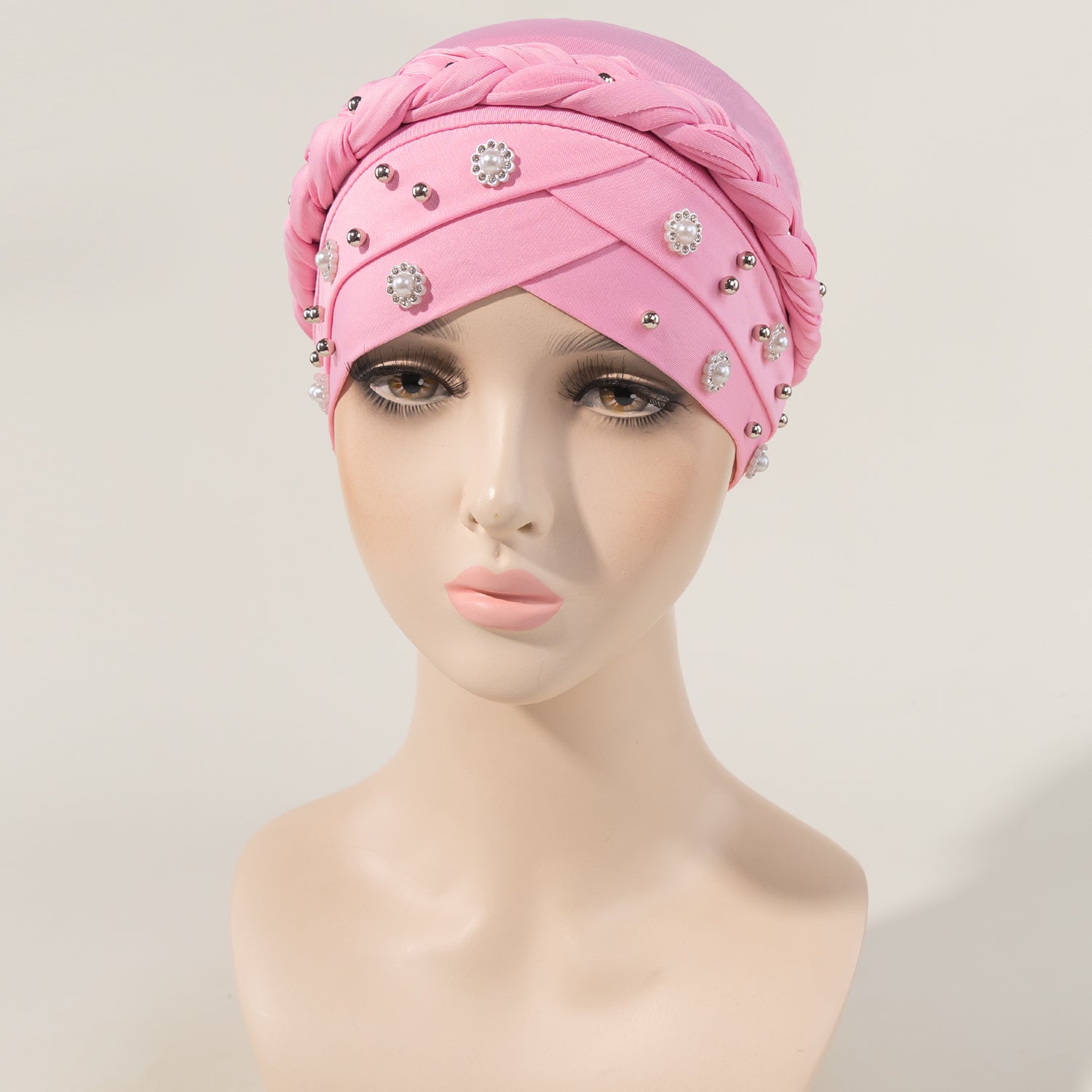 Faux Pearl Flower Turban Cap Braided Twist Head Wrap Head Scarf