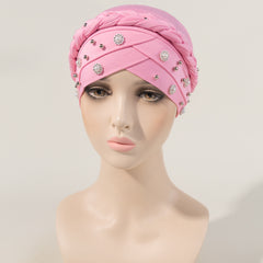 Faux Pearl Flower Turban Cap Braided Twist Head Wrap Head Scarf
