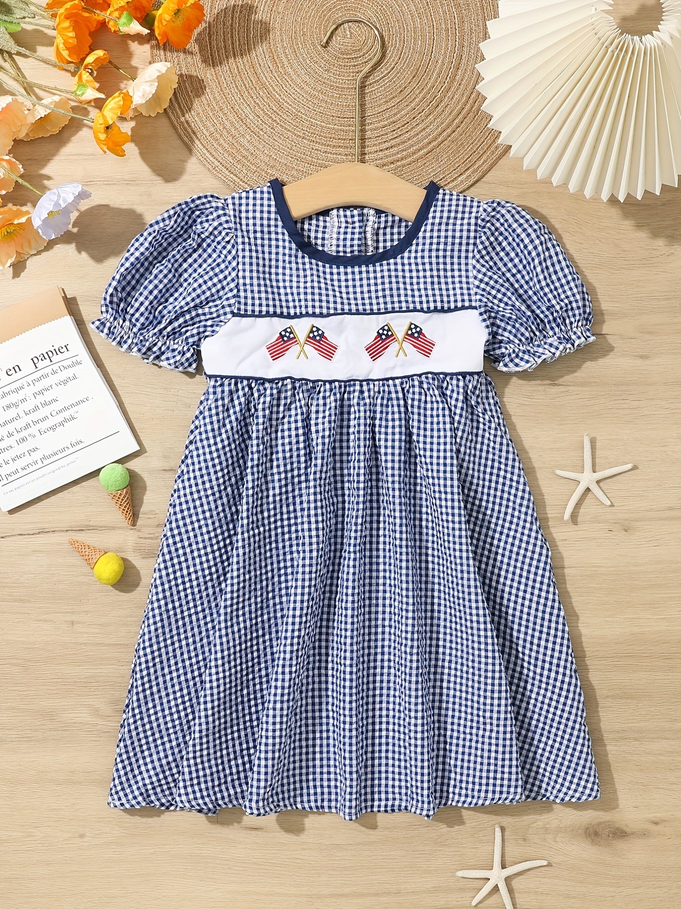 Toddler Girls Plaid Short Sleeve Embroidery Crew Neck Dress
