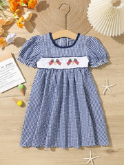 Toddler Girls Plaid Short Sleeve Embroidery Crew Neck Dress