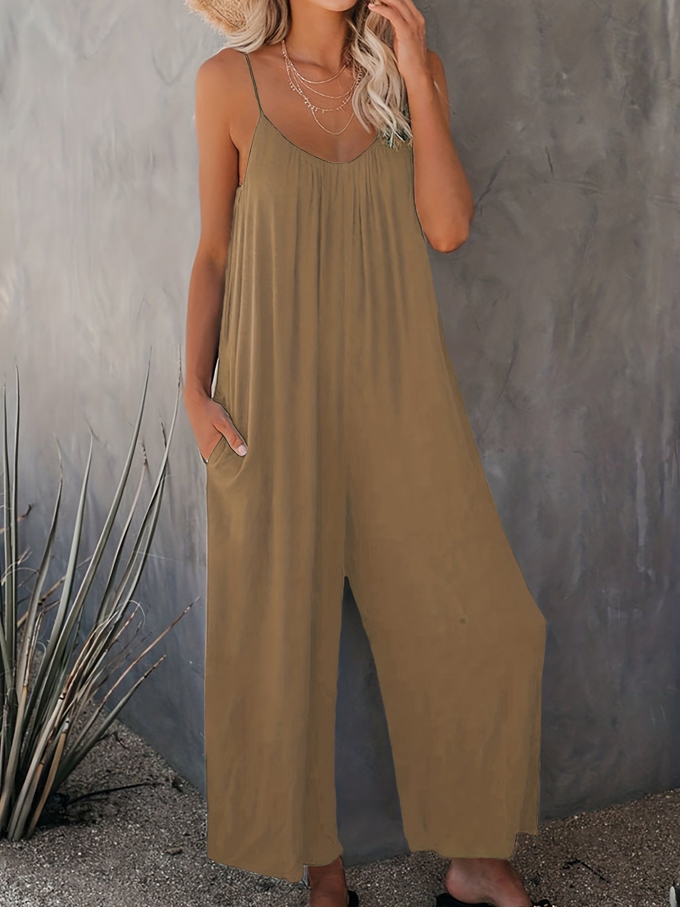 V-Neck Wide Leg Jumpsuit with Pockets