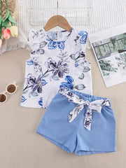 Toddler Girls Sleeveless Flowers Top & Shorts Set Kids Summer Clothes