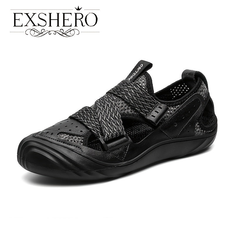 EXSHERO Men's Cowhide Leather Sandals Closed Toe Non slip Outdoor Beach Shoes