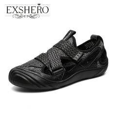 EXSHERO Men's Cowhide Leather Sandals Closed Toe Non slip Outdoor Beach Shoes