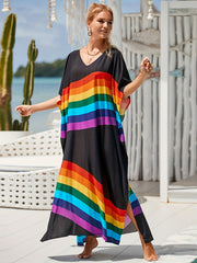 Women's Plus Rainbow Stripe Bat Sleeve V Neck Slight Stretch Cover Up Dress