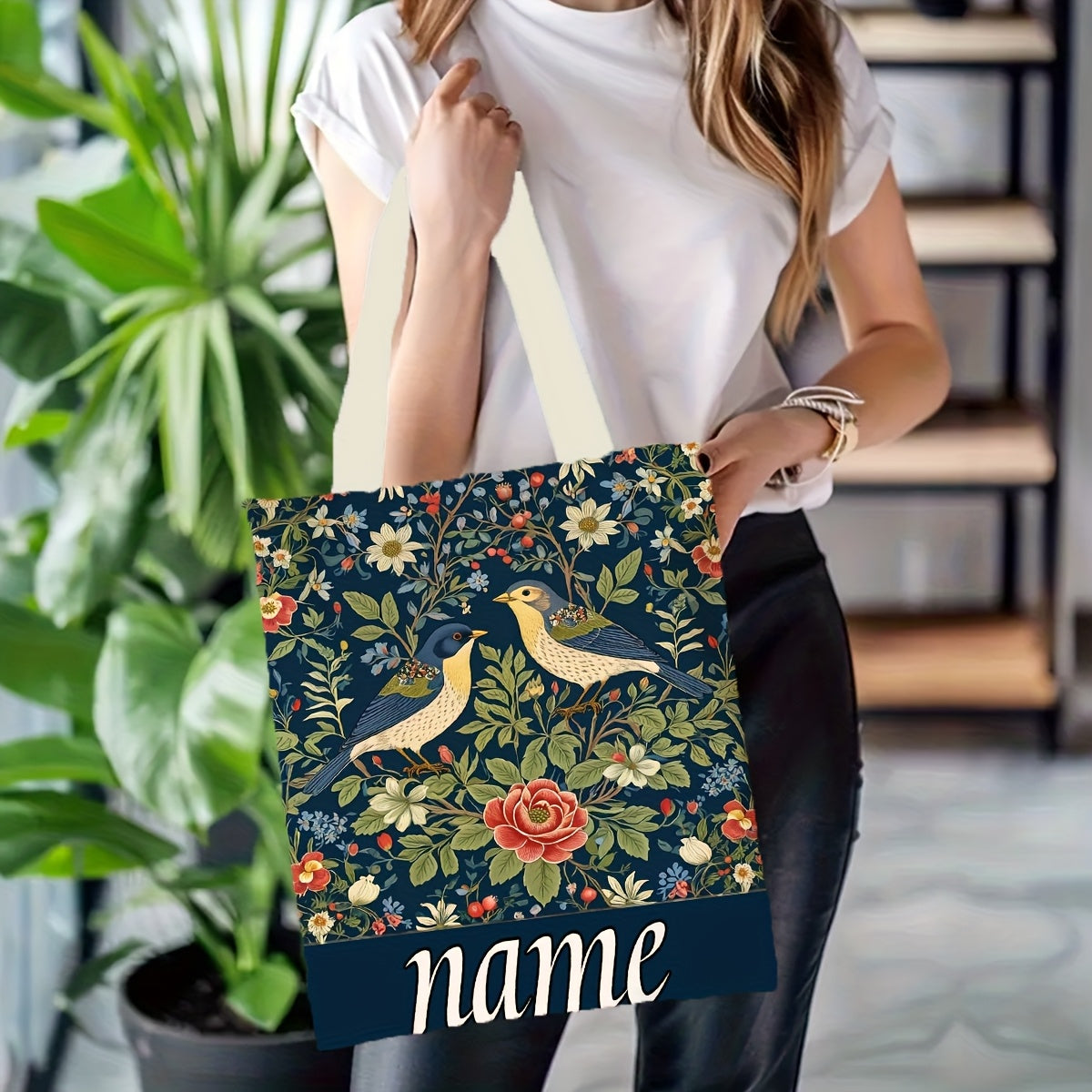 Personalized Floral & Bird Tote Bag for Her