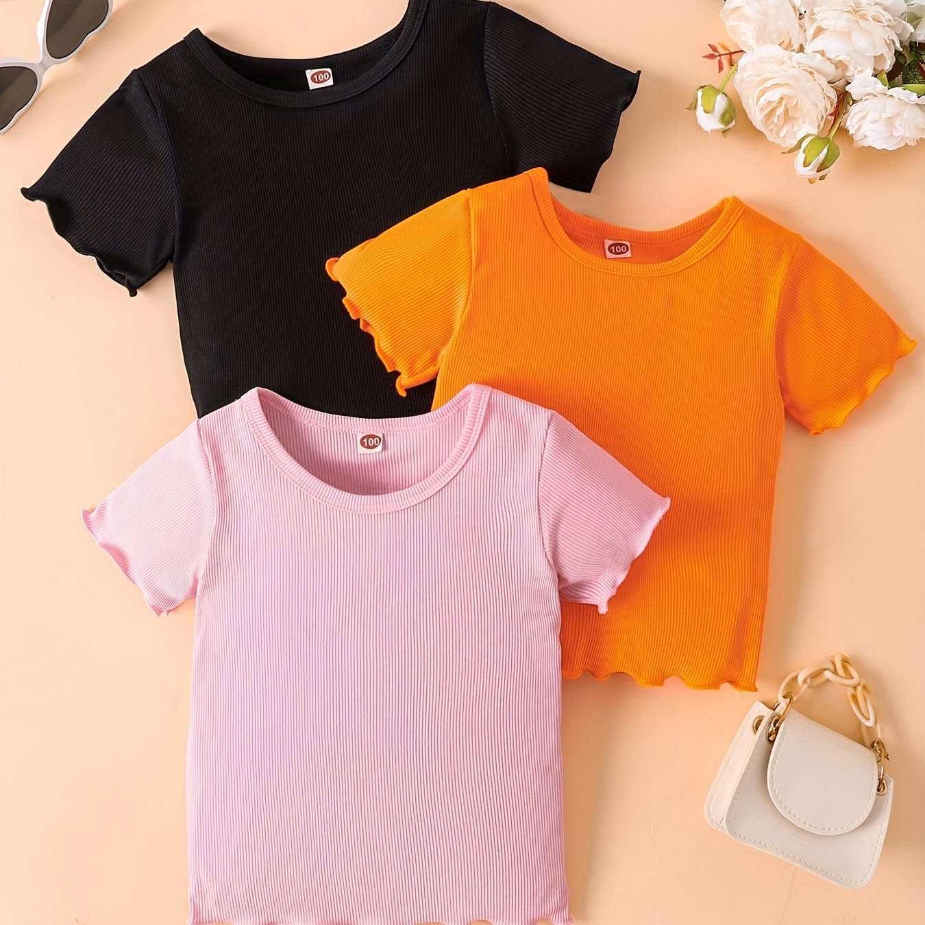 Baby Girls Ruffle Trim T Shirt Short Sleeve Blouse Crew Neck Blouse