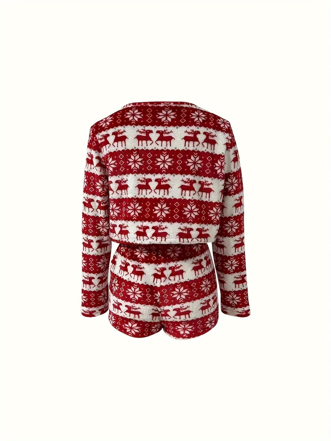 Christmas Elk Print Plush Lounge Set Tie Front Top & Shorts