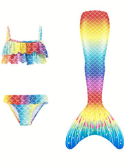 Girl's Mermaid Swimsuit 3pcs Bikini Set & Mermaid Tail Glitter Fish Scale Print