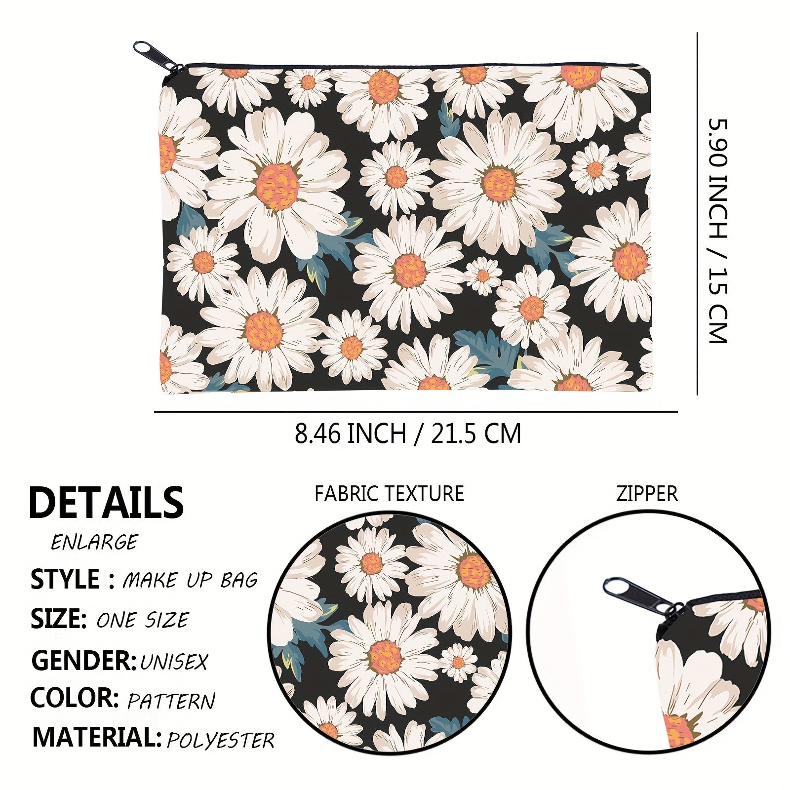 Daisy Print Square Makeup Bag Portable Toiletries Cosmetic Case Organiser