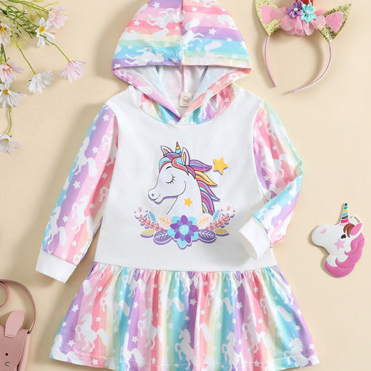 Baby Girls Unicorn Print Hooded Dress Set