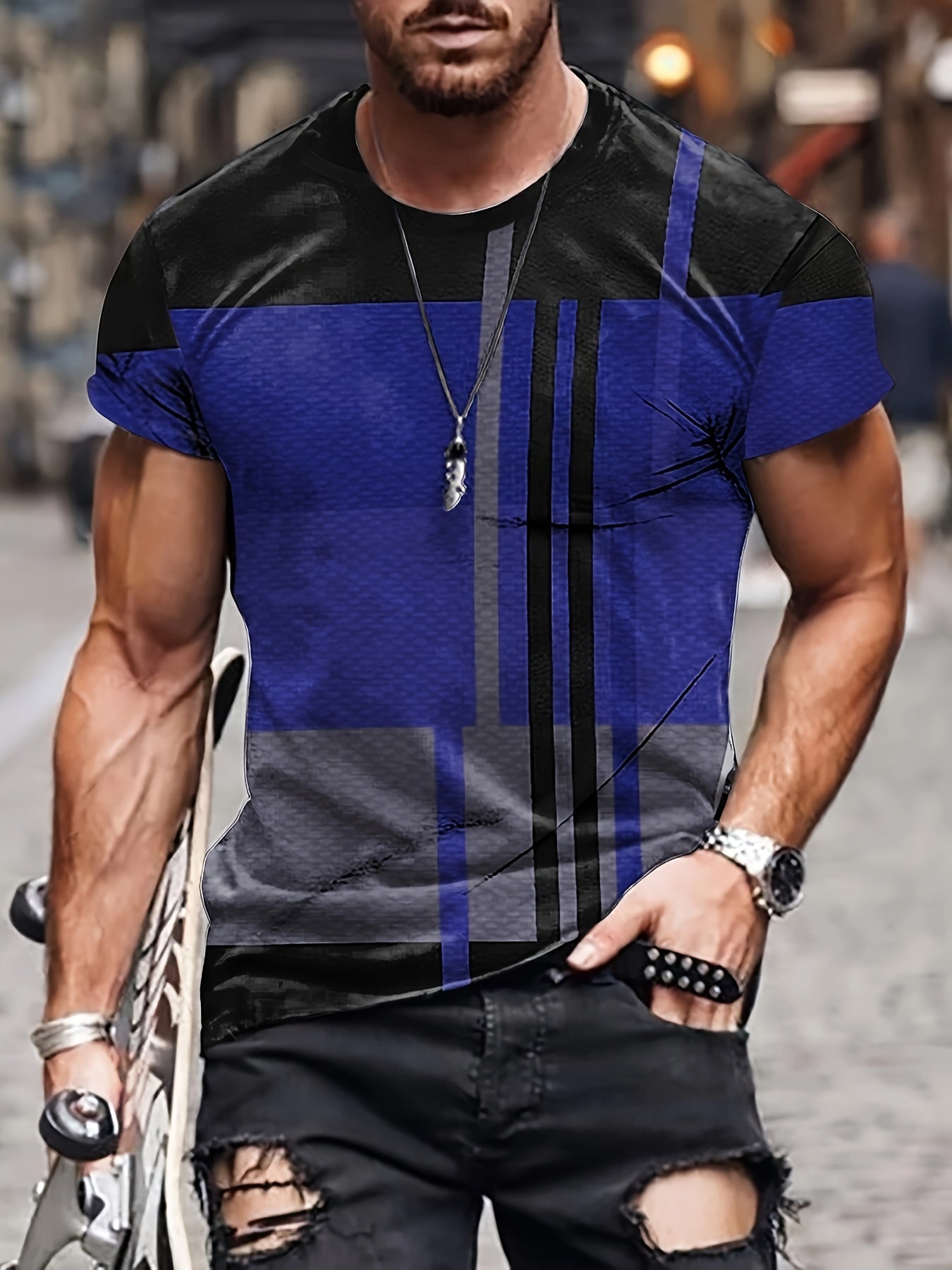 Men's Vintage Printed Sports T-shirt Round Neck Tee