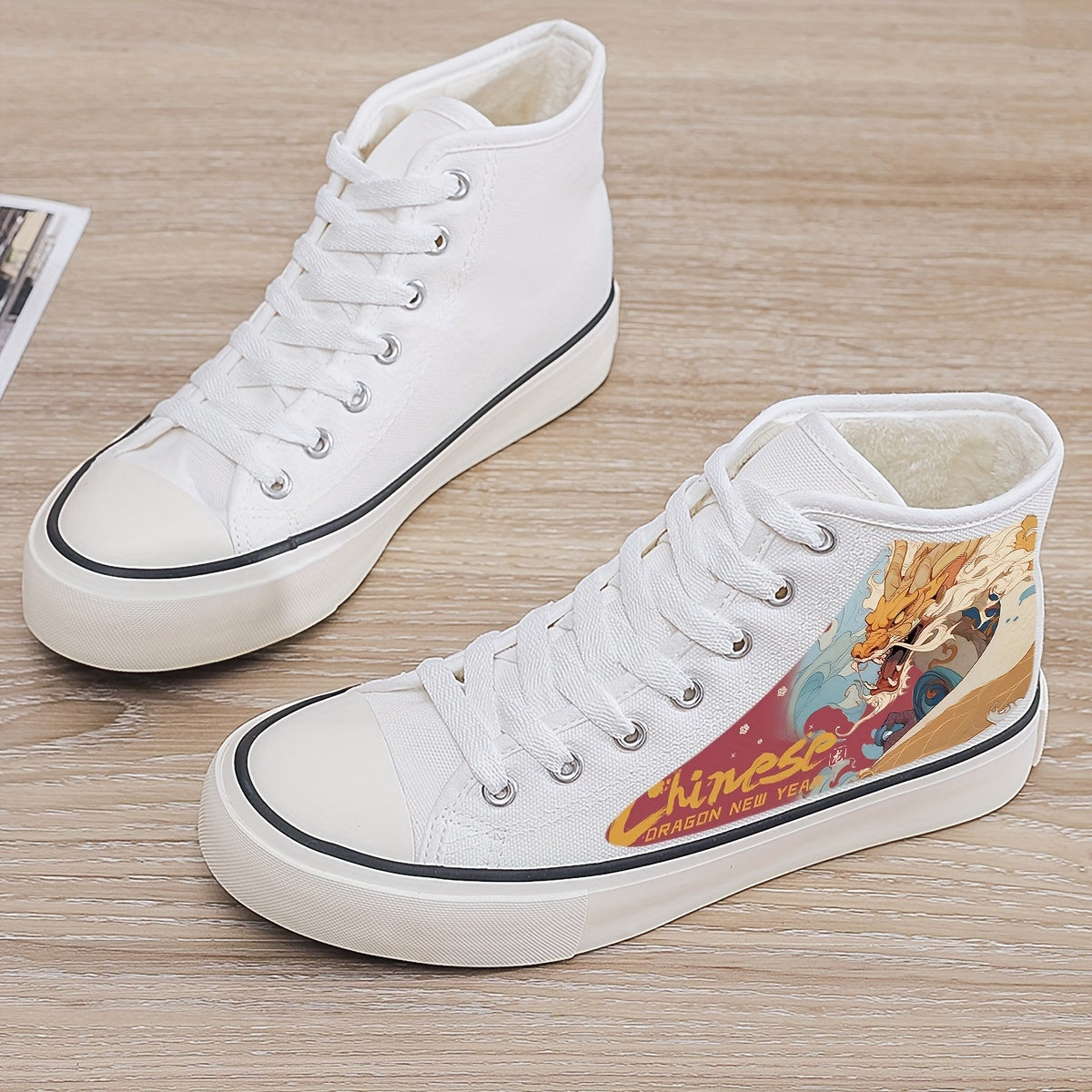 Dragon Print Plush Lined Chunky Canvas Sneakers