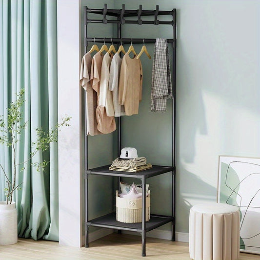 Sturdy Coat Rack with 2 Storage Layers and 4 Double Hooks