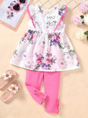 2pcs Girls Floral Print Dress And Pants Set Clothes
