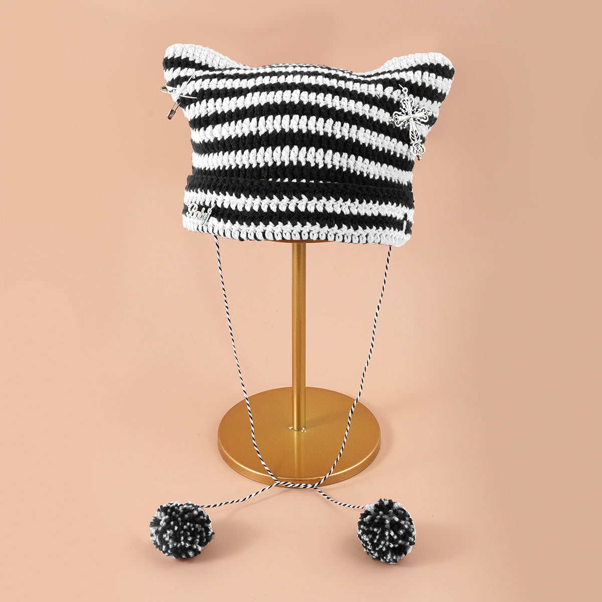 Y2K Cat Beanies Vintage Pom Pom Chain Crochet Hats