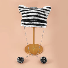 Y2K Cat Beanies Vintage Pom Pom Chain Crochet Hats