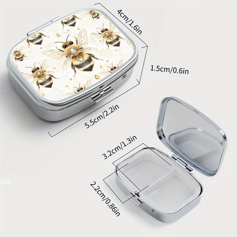Gem Bee Printed Square Pill Box Two Compartment Portable Pill Box