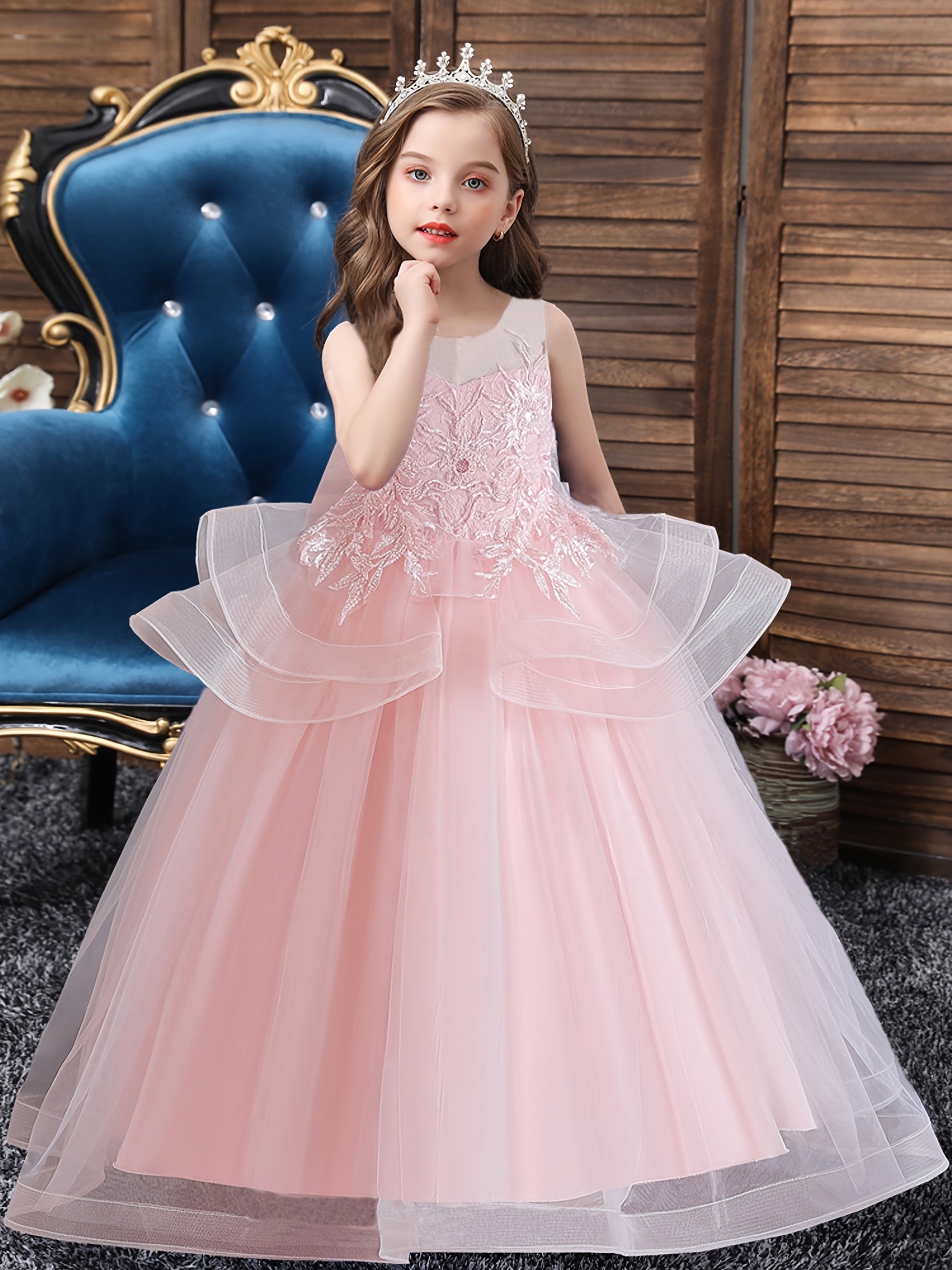 Girls Sleeveless Princess Dress Flower Embroidery Bow Decor Tulle Tutu Dress