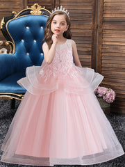 Girls Sleeveless Princess Dress Flower Embroidery Bow Decor Tulle Tutu Dress
