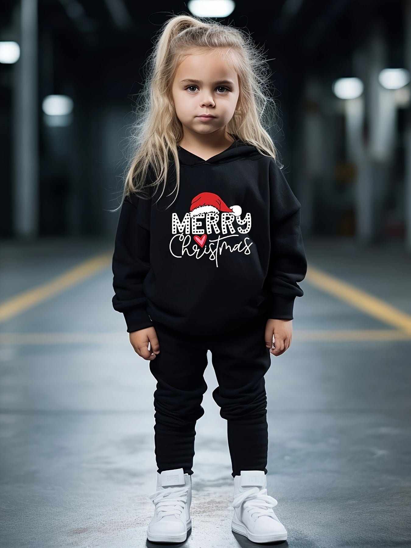 Heart Graphic Merry Christmas Hoodies Jogger Pants Set for Girls