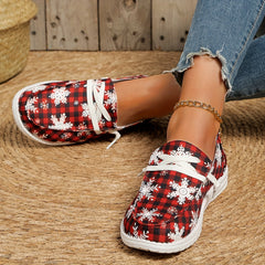 Women's Winter Snow Boots Snowflakes & Plaid Print Non Slip Lace up Shoes