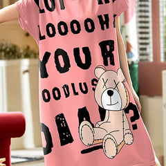 Bear & Letter Print Pajama Dress Crew Neck Long Nightdress
