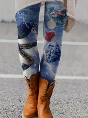 Snowman Print Skinny Leggings High Waist Women's Clothing
