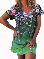 Floral Print V Neck Dress Short Sleeve Casual Dress
