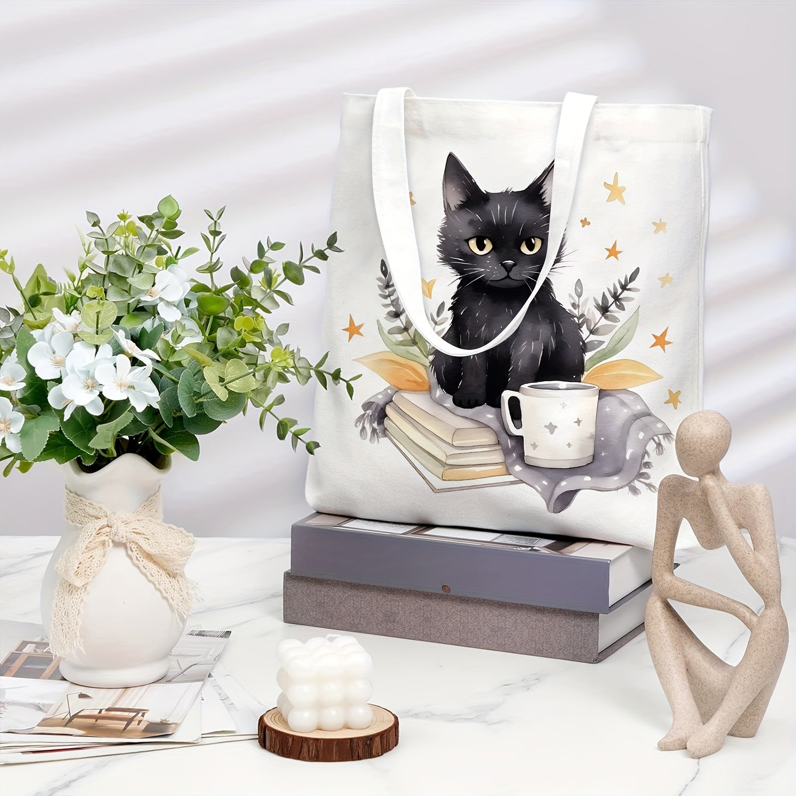 Cat Reading Pattern Canvas Tote Bag Women's Portable Anime Shoulder Bag
