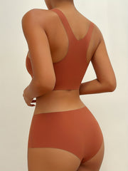 Solid Bra & Panties Set Square Neck Racer Back Elastic Lingerie