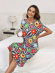 Flower Print Plaid Lounge Dresses & Comfy Short Sleeve Home Dress