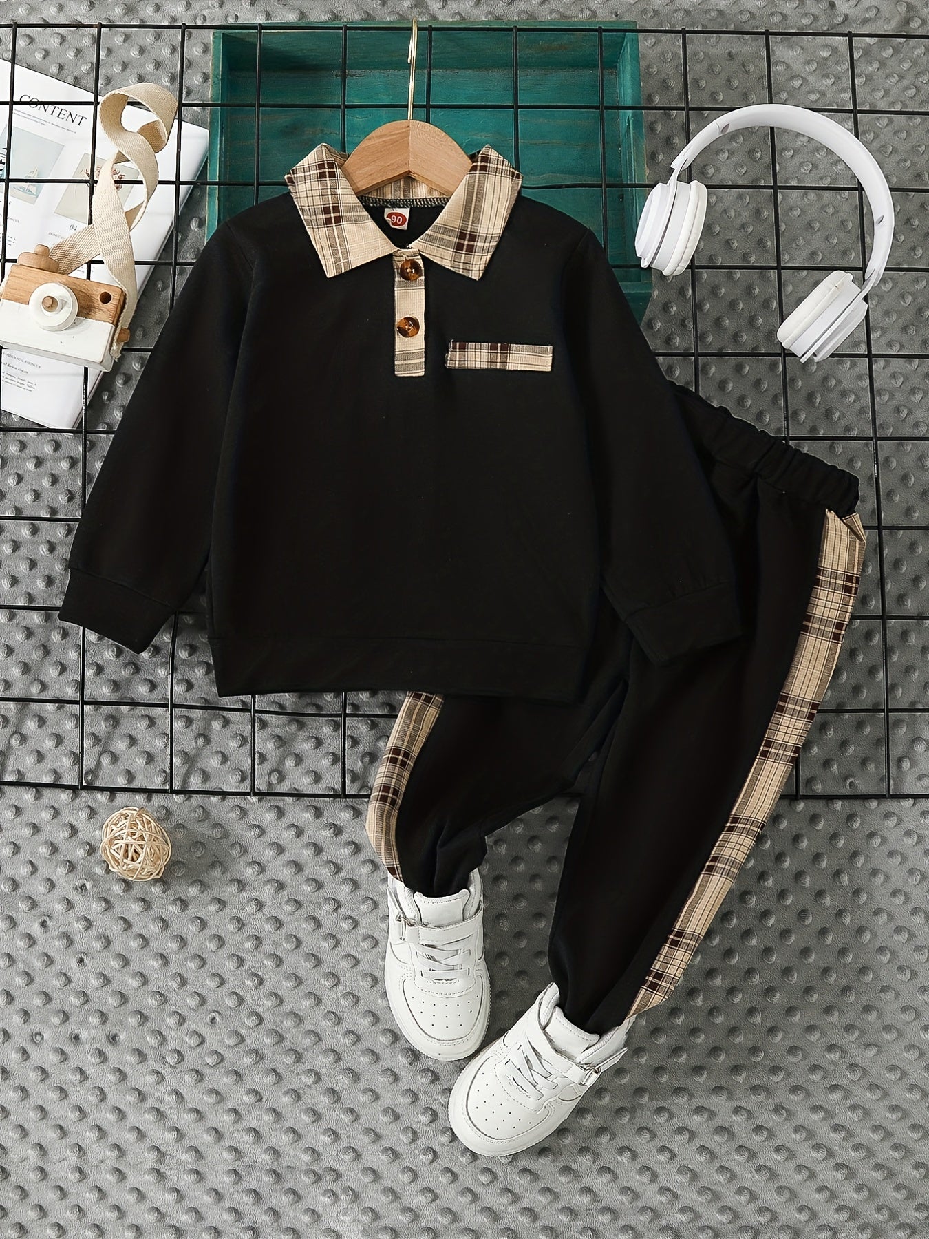 2pcs Boys Plaid Long Sleeve Sweatshirt&Sweatpants Sets Kids Clothes