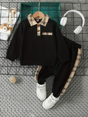 2pcs Boys Plaid Long Sleeve Sweatshirt&Sweatpants Sets Kids Clothes