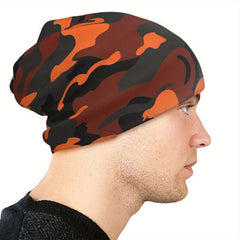 Orange Camo Style Brimless Hat With Rolled Cuff