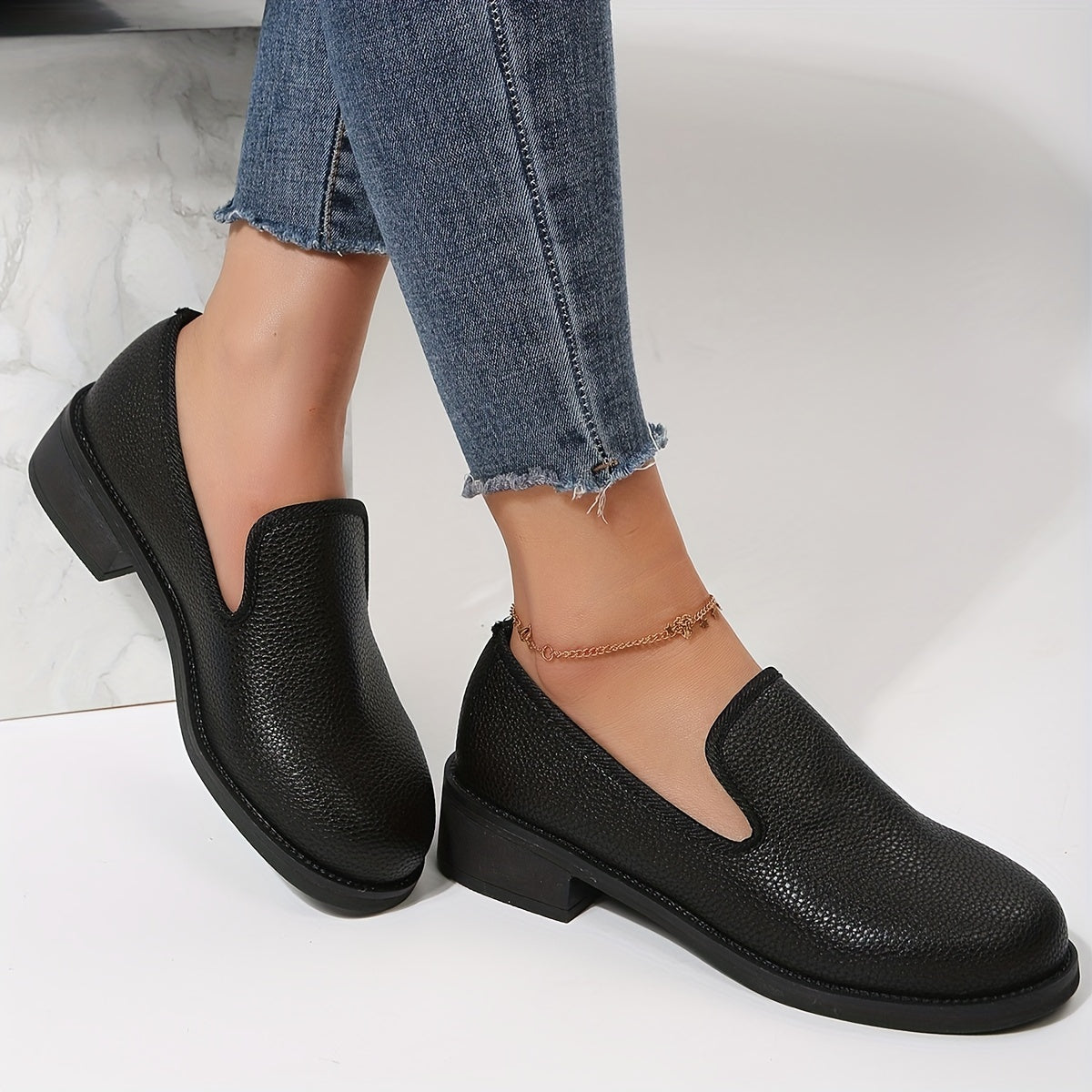 Lychee Pattern Loafers Chunky Heel Shoes Faux Leather