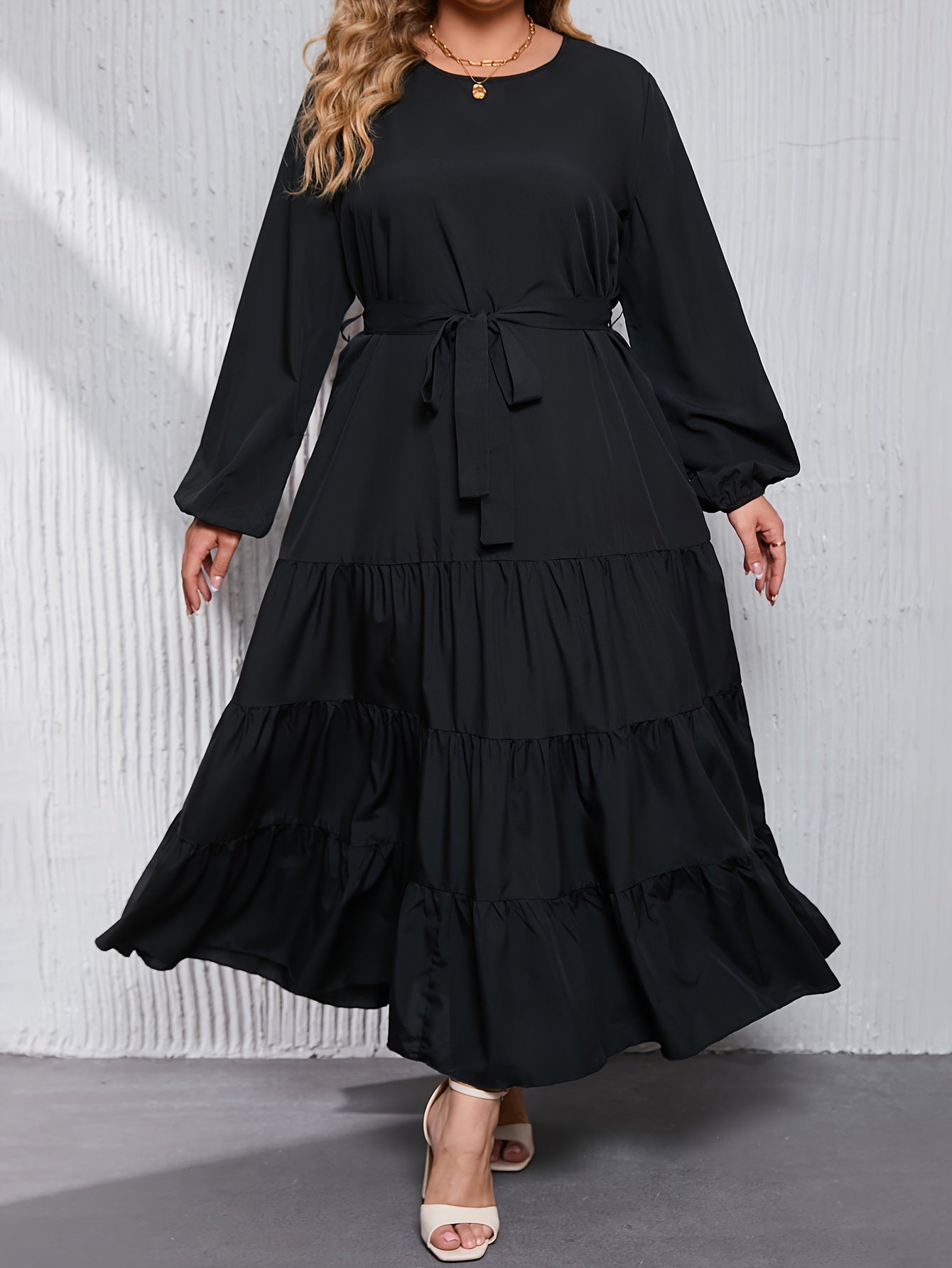 Abaya Dress Women's Plus Solid Lantern Sleeve Round Neck Smock Maxi