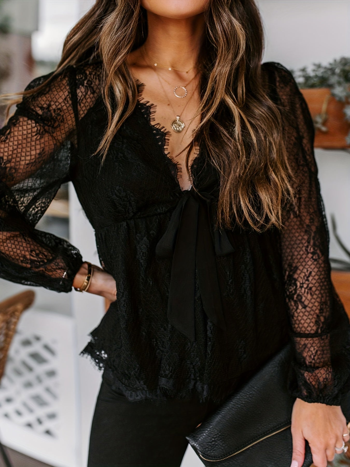 Floral Lace Long Sleeve V Neck Semi Sheer Blouse
