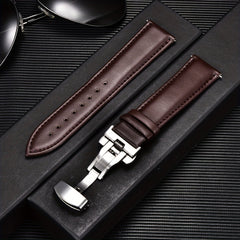 Double Press Solid Butterfly Buckle Leather Strap 18mm-24mm