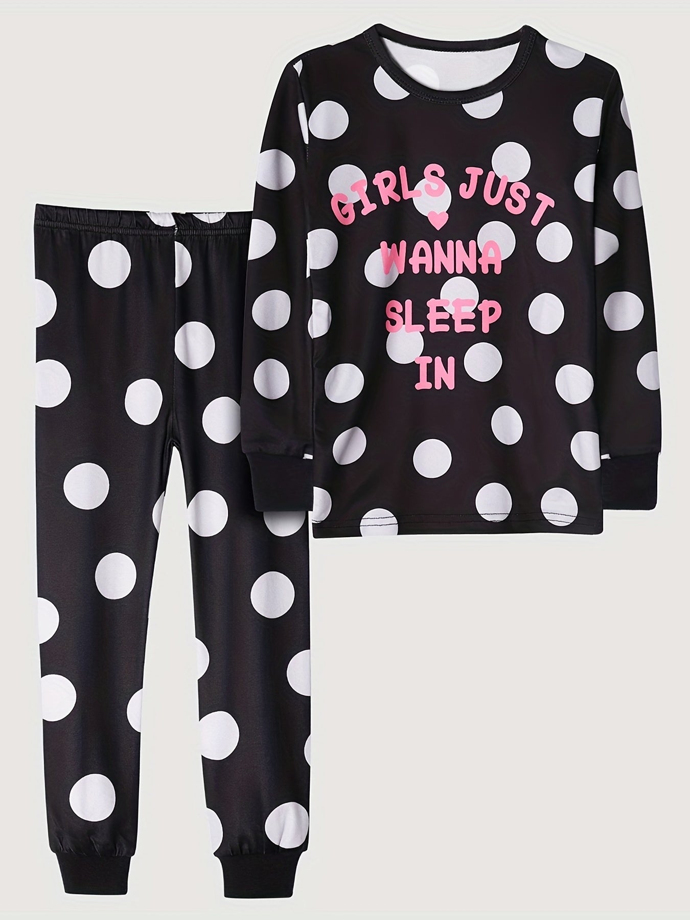 Girl's Dots Print Pajama Set Polyester Elastane Crew Neck Pants
