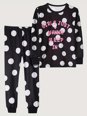 Girl's Dots Print Pajama Set Polyester Elastane Crew Neck Pants