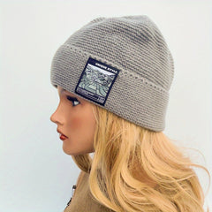 Classic Label Patch Beanie Thick Warm Knit Hat Solid Skull Cap Soft Lightweight