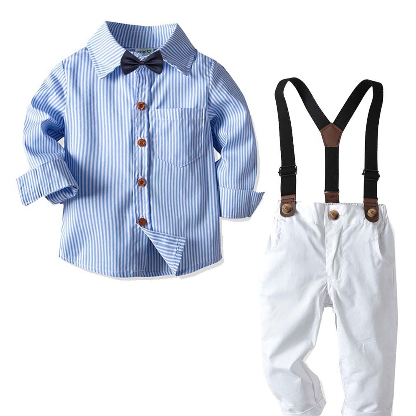 Toddler Boys Gentlemen Suit Stripe Shirt Suspender Pants Outfit Set