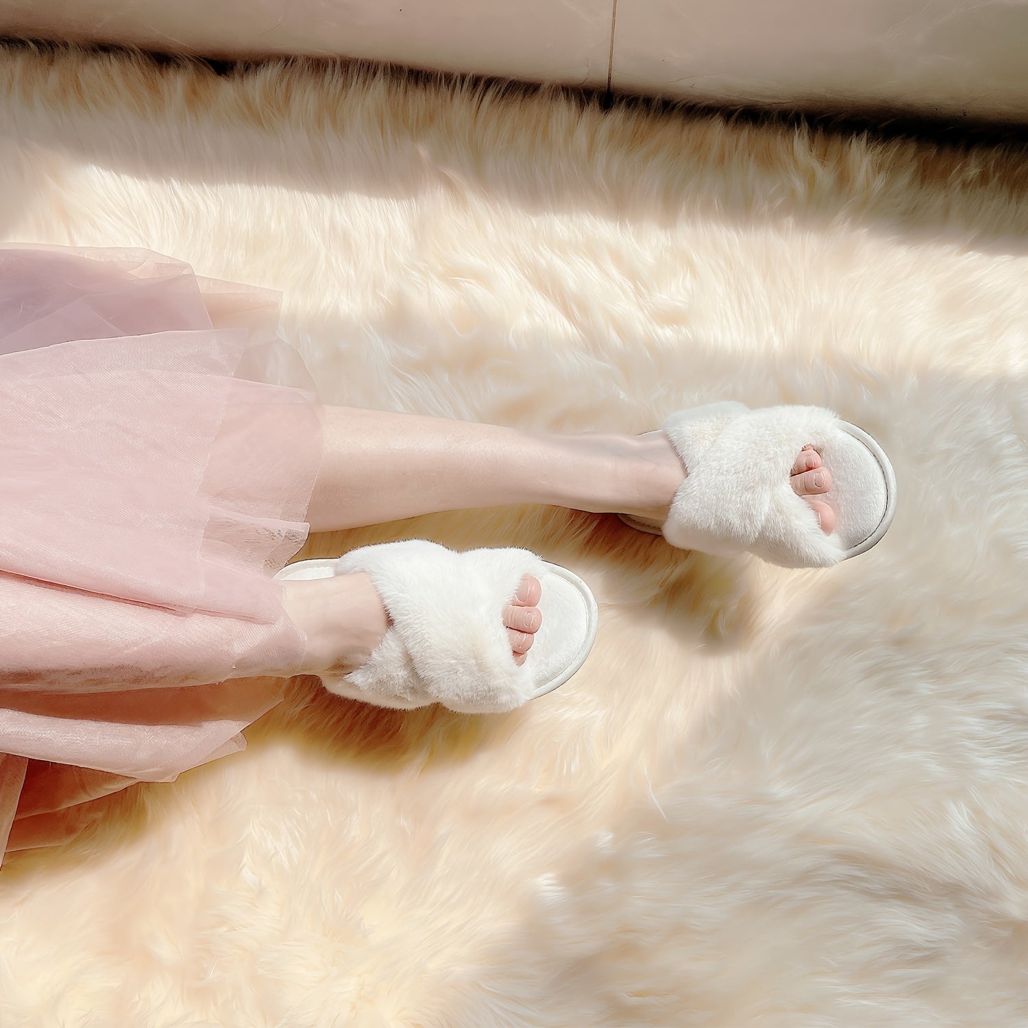 Women's Furry House Slippers Open Toe Slip On Comfy Indoor Shoes