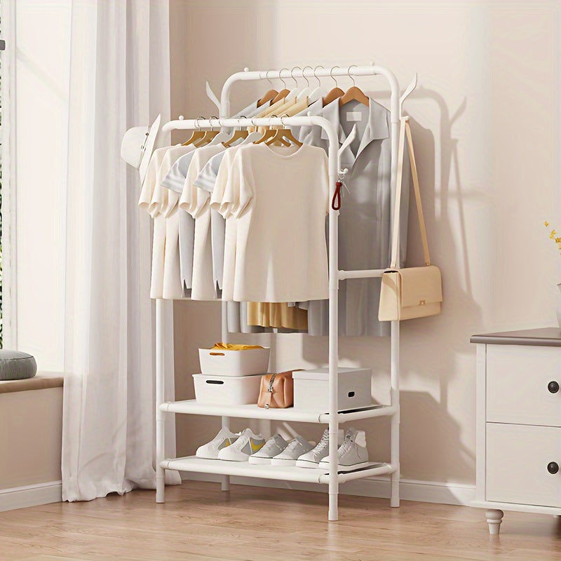 Double Rod Clothes Drying Rack With Hooks Standing Garment Clothes Rack