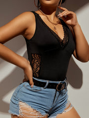 Lace V neck Bodysuit Sexy Sleeveless One Piece Bodysuit