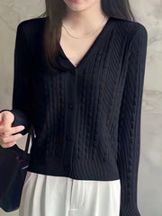 Solid V Neck Button Up Cardigan for Women