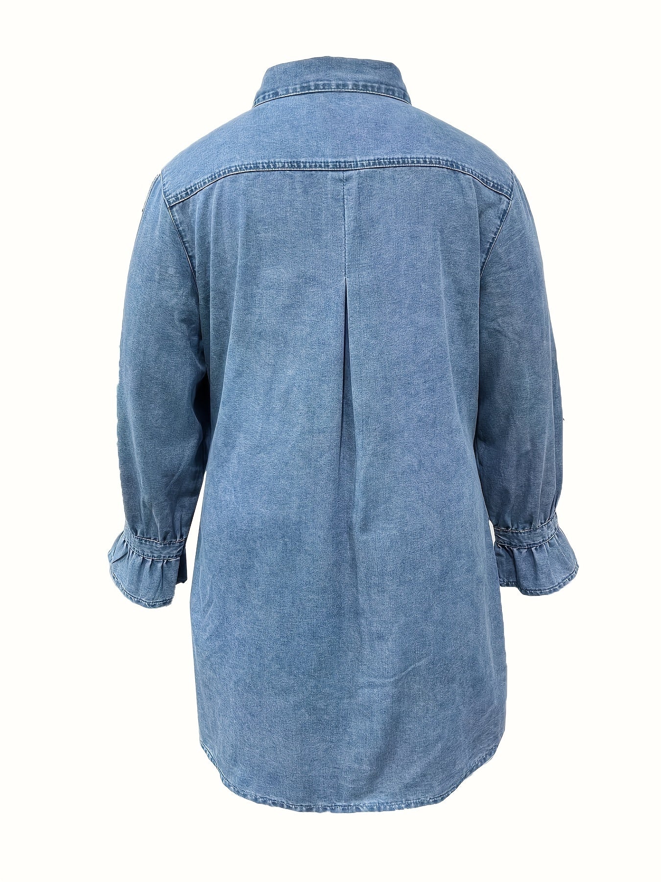 Flounce Sleeve Button Up Lapel Collar Denim Dress