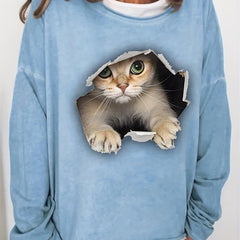 Cat Print Crew Neck Sweatshirt Casual Long Sleeve Sweatshirt For Spring & Fall