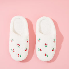 Cherry Embroidery Fluffy Indoor Slippers Women's House Shoes